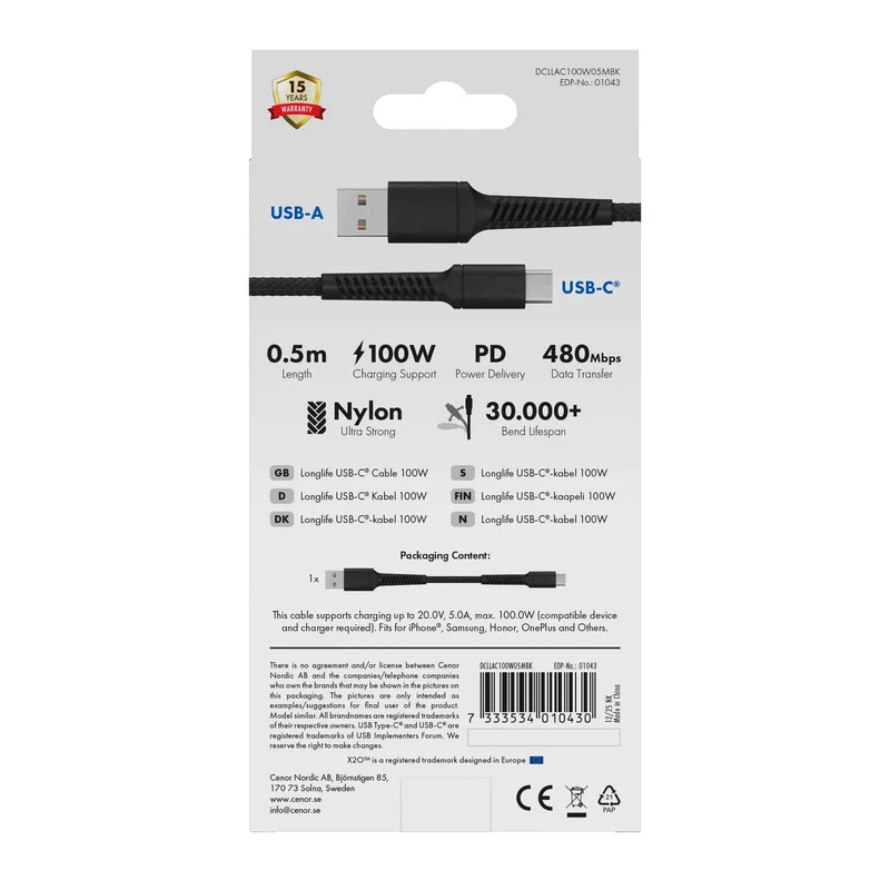 X2O Longlife 60W USB-A/C cable 0.5M Black - 3401043