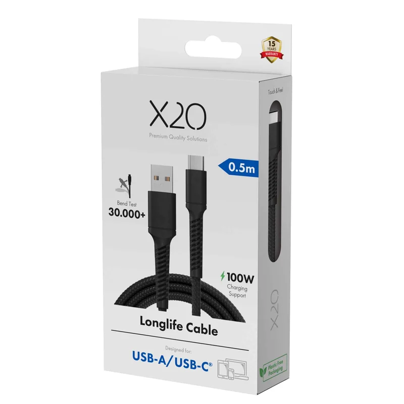 X2O Longlife 60W USB-A/C cable 0.5M Black - 3401043