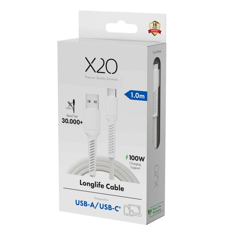 X2O Longlife 60W USB-A/C cable 1M White - 3401044
