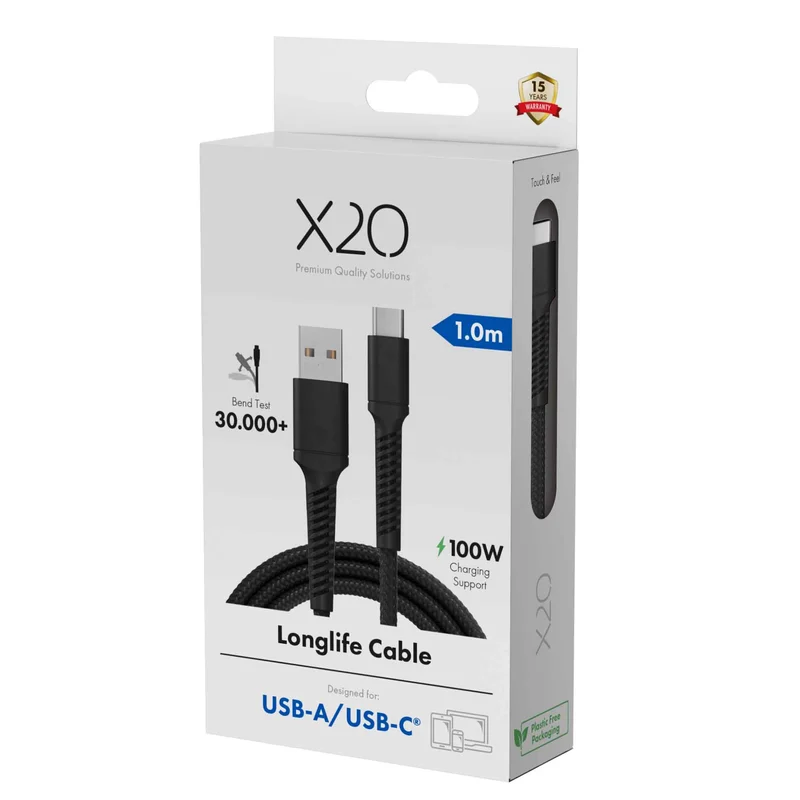 X2O Longlife 60W USB-A/C cable 1M Black - 3401045