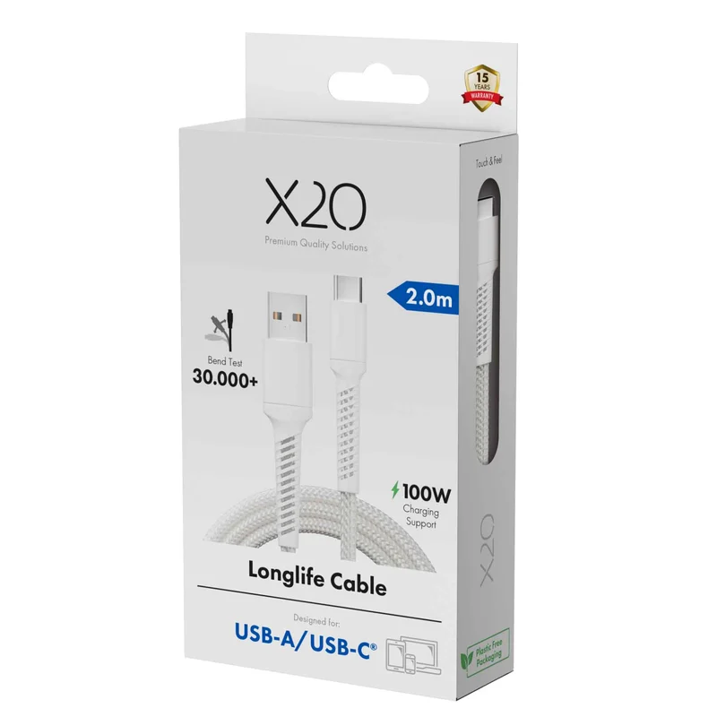 X2O Longlife 60W USB-A/C cable 2M White - 3401046