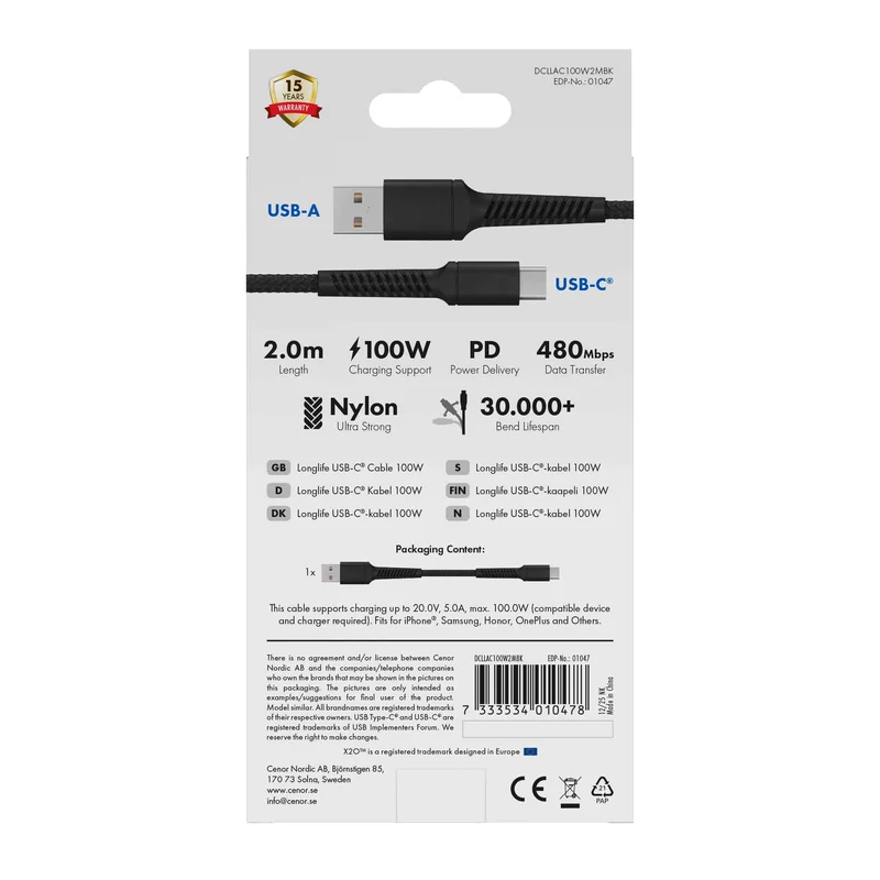 X2O Longlife 60W USB-A/C cable 2M Black - 3401047