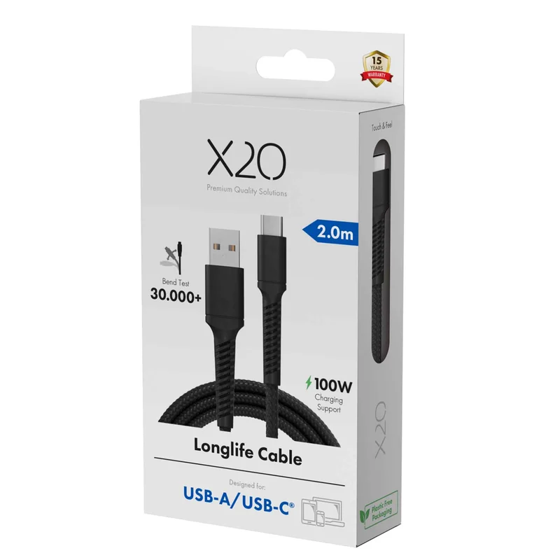 X2O Longlife 60W USB-A/C cable 2M Black - 3401047