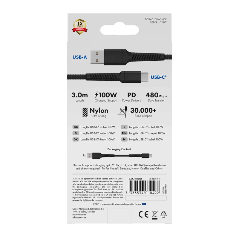 X2O Longlife 60W USB-A/C cable 3M Black - 3401049