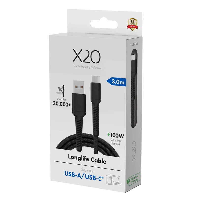 X2O Longlife 60W USB-A/C cable 3M Black - 3401049