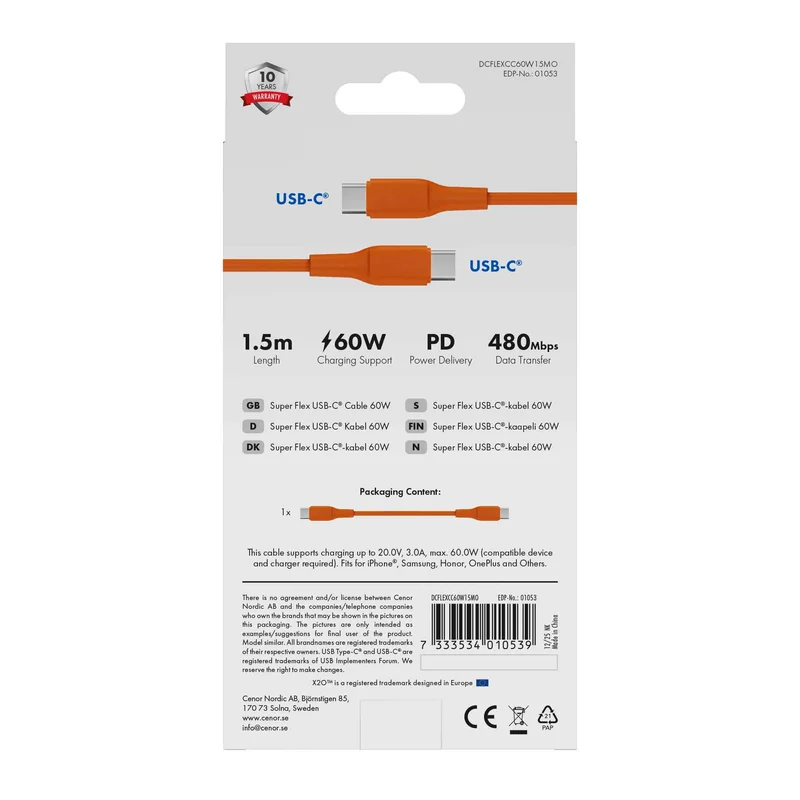 X2O SUPERFLEX 60W USB-C/C cable 1.5m Orange - 3401053