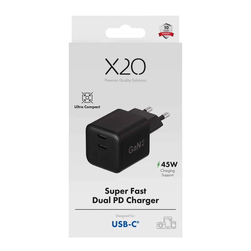 X2O 45W Dual Home Charger USB-C/C GaN Black - 3401054