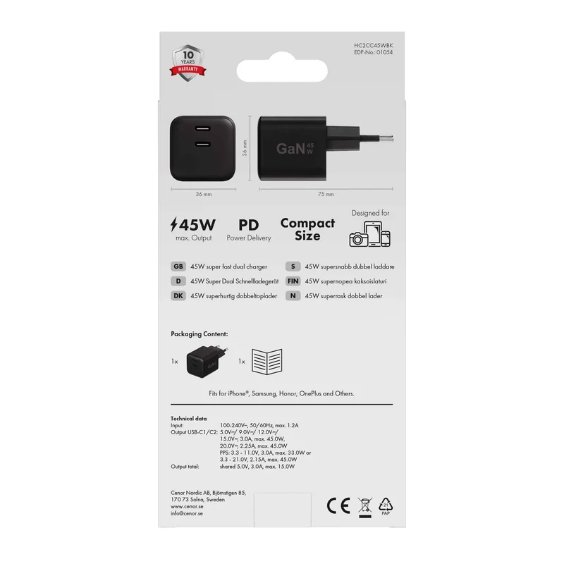 X2O 45W Dual Home Charger USB-C/C GaN Black - 3401054