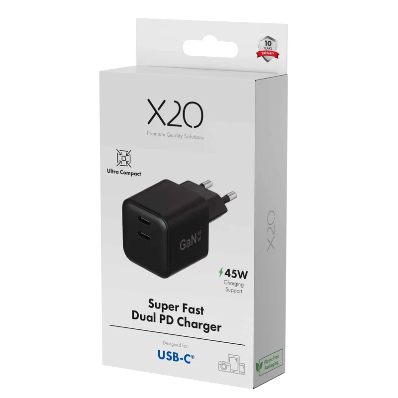 X2O 45W Dual Home Charger USB-C/C GaN Black - 3401054