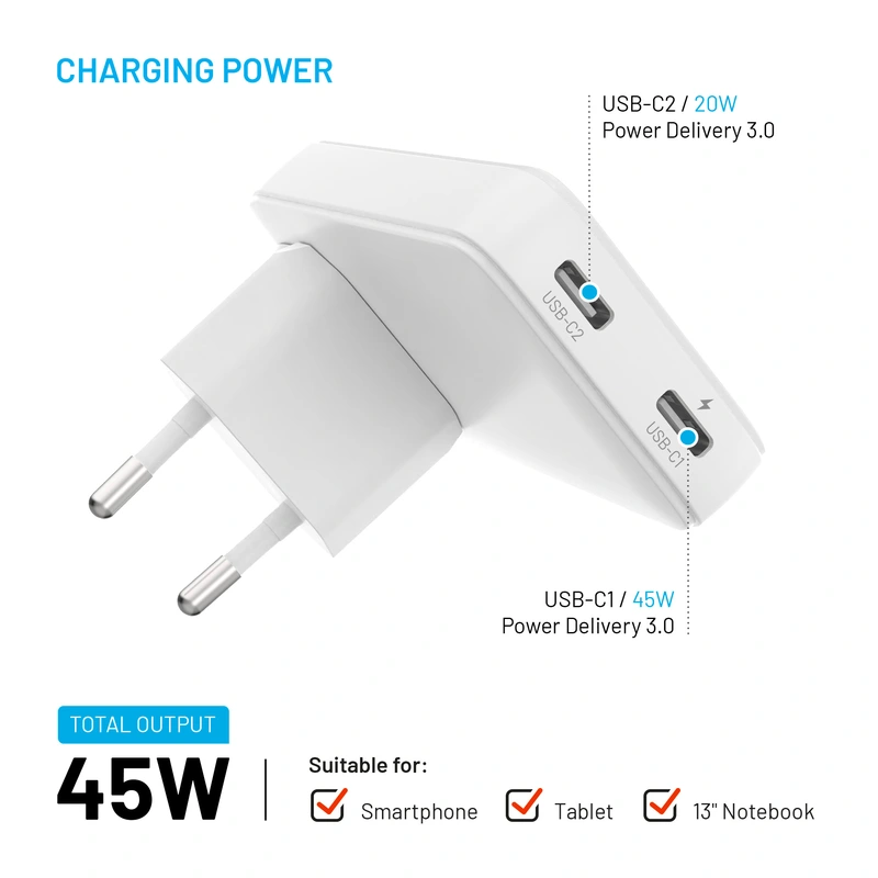 FIXED Slim Travel Charger 2x USB-C 45W EU/UK/USA/AUS White - 8016583