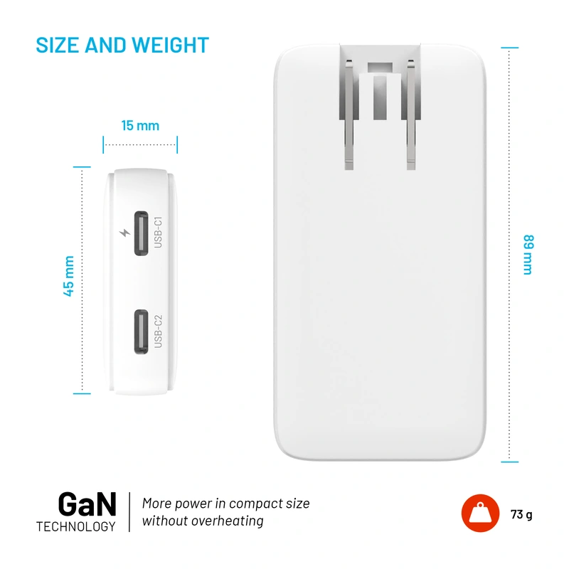 FIXED Slim Travel Charger 2x USB-C 45W EU/UK/USA/AUS White - 8016583