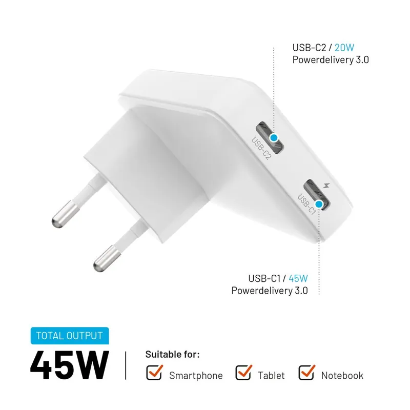 FIXED Slim GaN 90 Super Fast 2x USB-C charger 45W White - 8016584