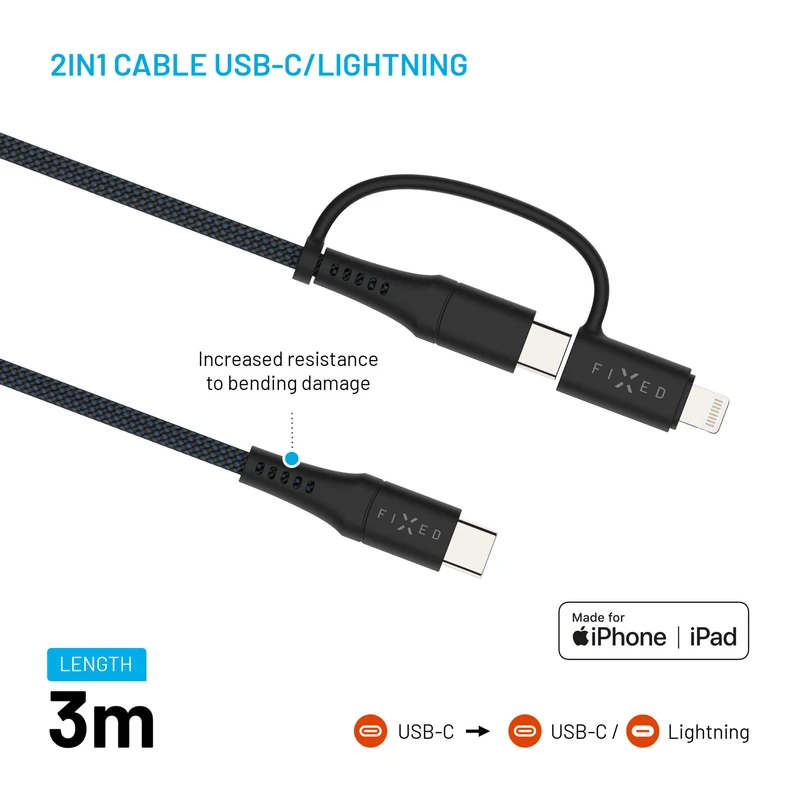 FIXED 2in1 Combo 60W USB-C/Lightning cable 3m Black - 8017607