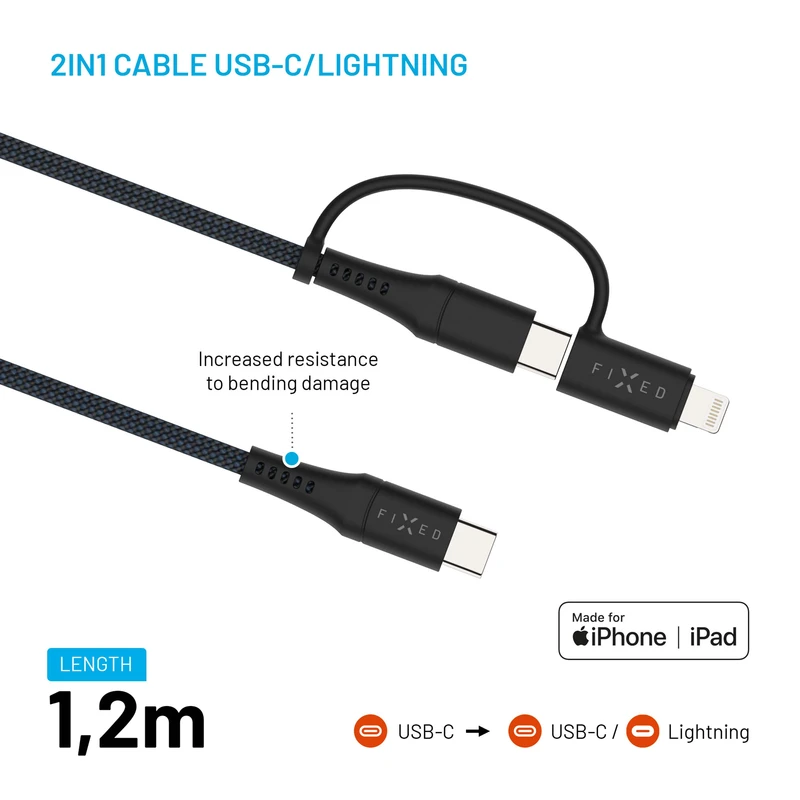 FIXED 2in1 Combo 60W USB-C/Lightning cable 1.2m Black - 8017693