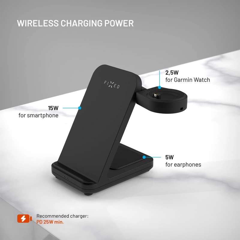 FIXED 3in1 Wireless Charging station designed for Garmin Watch Black - 8018109