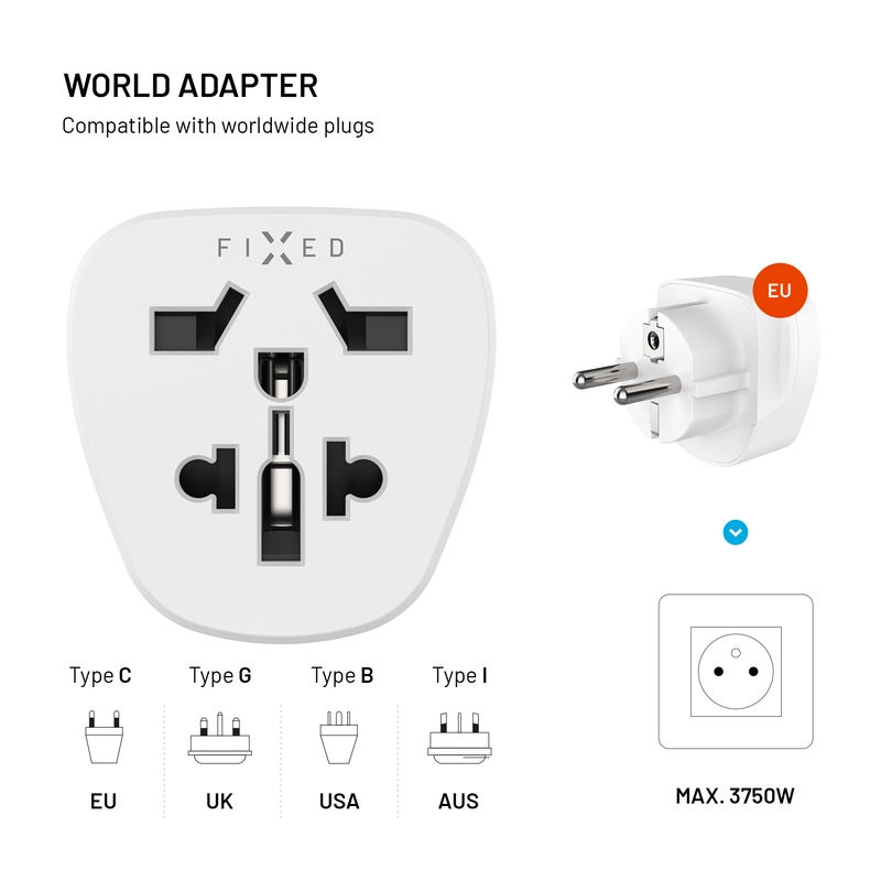 FIXED Travel Adapter Schuko EU/World White - 8018357