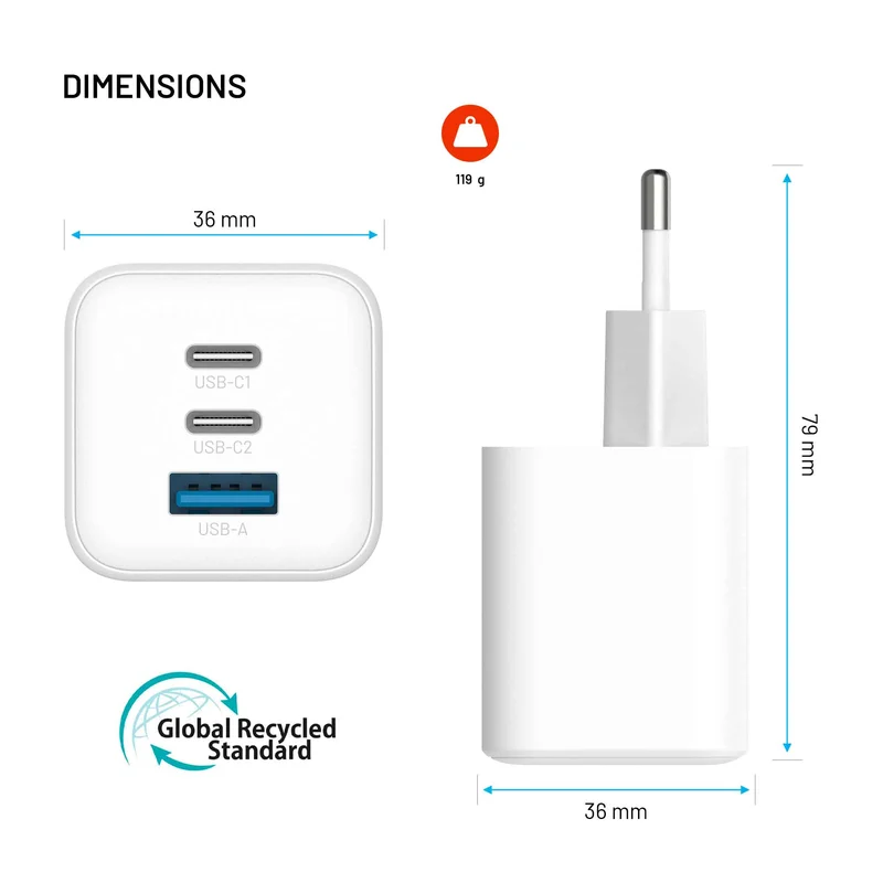 FIXED Super Fast Mini Charger 65W 2xUSB-C PD + USB-A White - 8019061