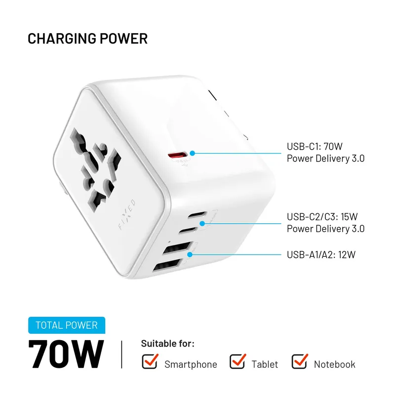 FIXED Travel Charger USB-C/-A 70W EU/UK/USA/AUS White - 8018910