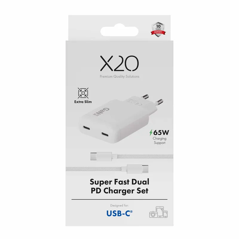 X2O 65W Dual SLIM Home Charger SET USB-C/C GaN 1.5m White - 3401057