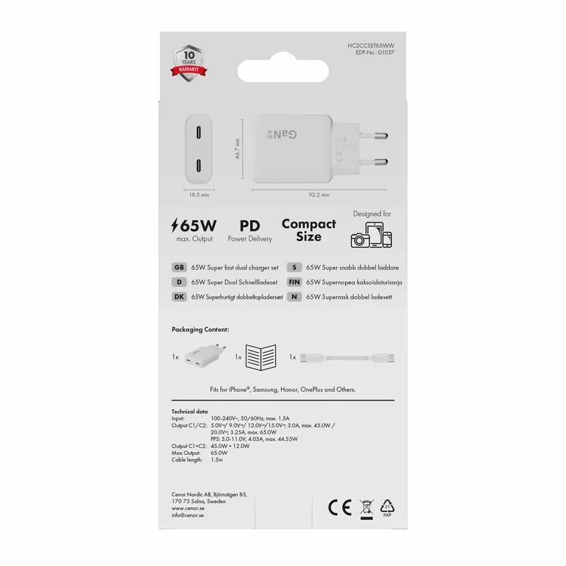X2O 65W Dual SLIM Home Charger SET USB-C/C GaN 1.5m White - 3401057