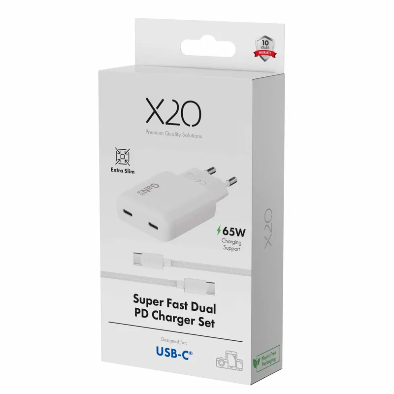 X2O 65W Dual SLIM Home Charger SET USB-C/C GaN 1.5m White - 3401057