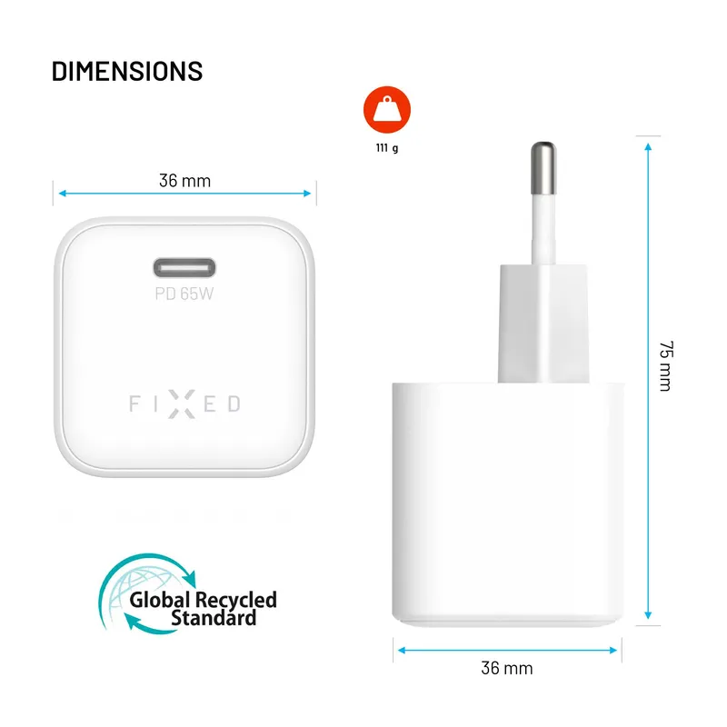 FIXED Mini GaN Wall Charger Set 65W 2m White - 8019454