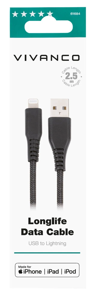 Vivanco Longlife Lightning Cable 2.5m MFI Black - 2861684