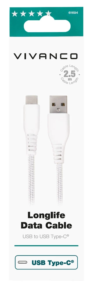 Vivanco Longlife USB-C/USB-A 2.0 Cable 2.5m White - 2861694