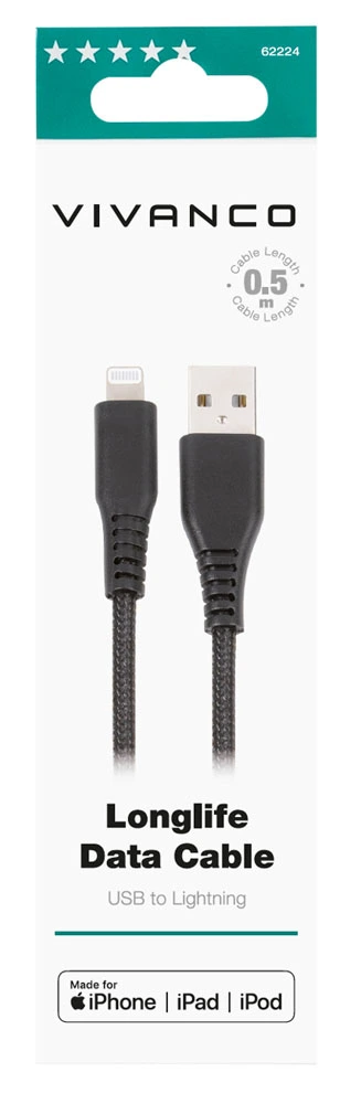 Vivanco Longlife Lightning Cable 0.5m MFI Black - 2862224