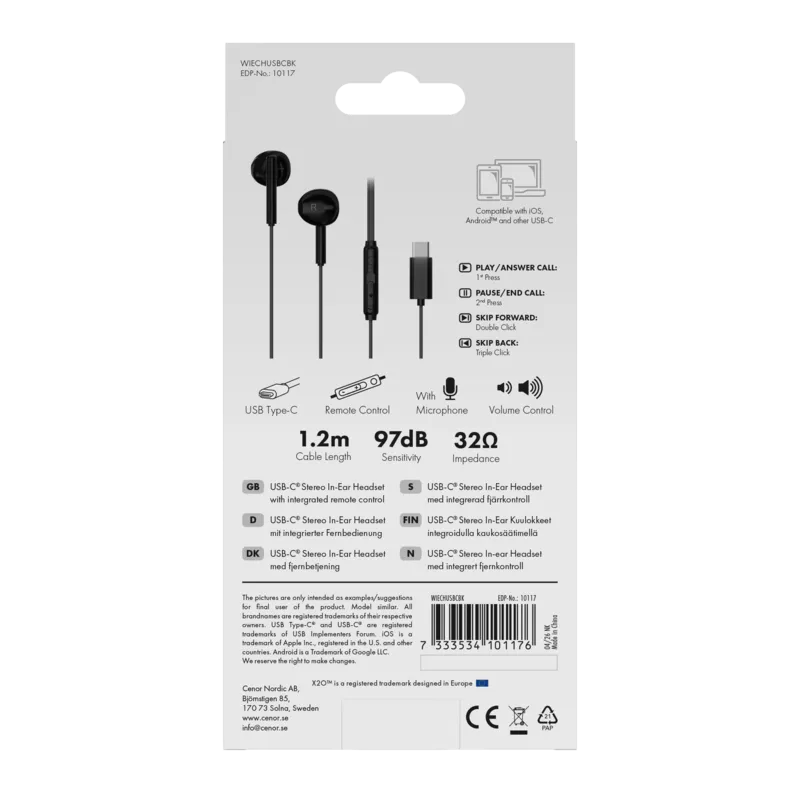 X2O USB-C Capsule In-Ear Headset 1.2m Black - 3410117