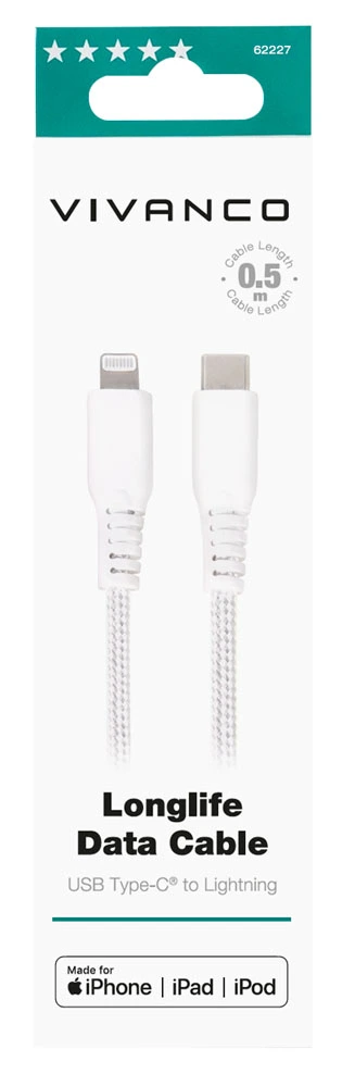 Vivanco Longlife USB-C/Lightning Cable 0.5m MFI White - 2862227