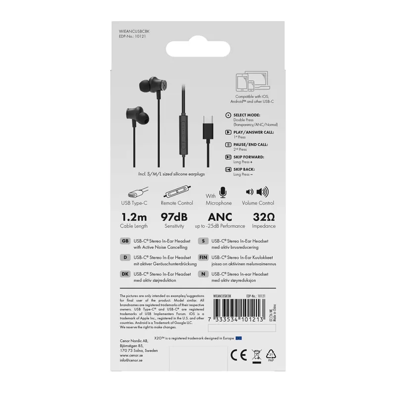 X2O USB-C ANC Silicone In-Ear Headset 1.2m Black - 3410121