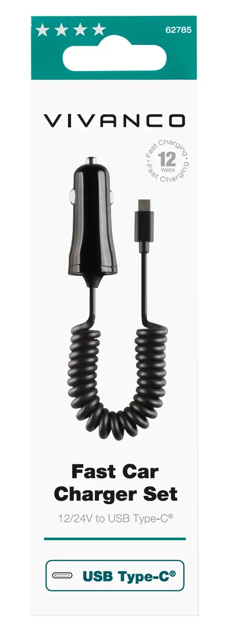 Vivanco Car Charger USB-C 2.4A with 1m spiral cable Black - 2862785