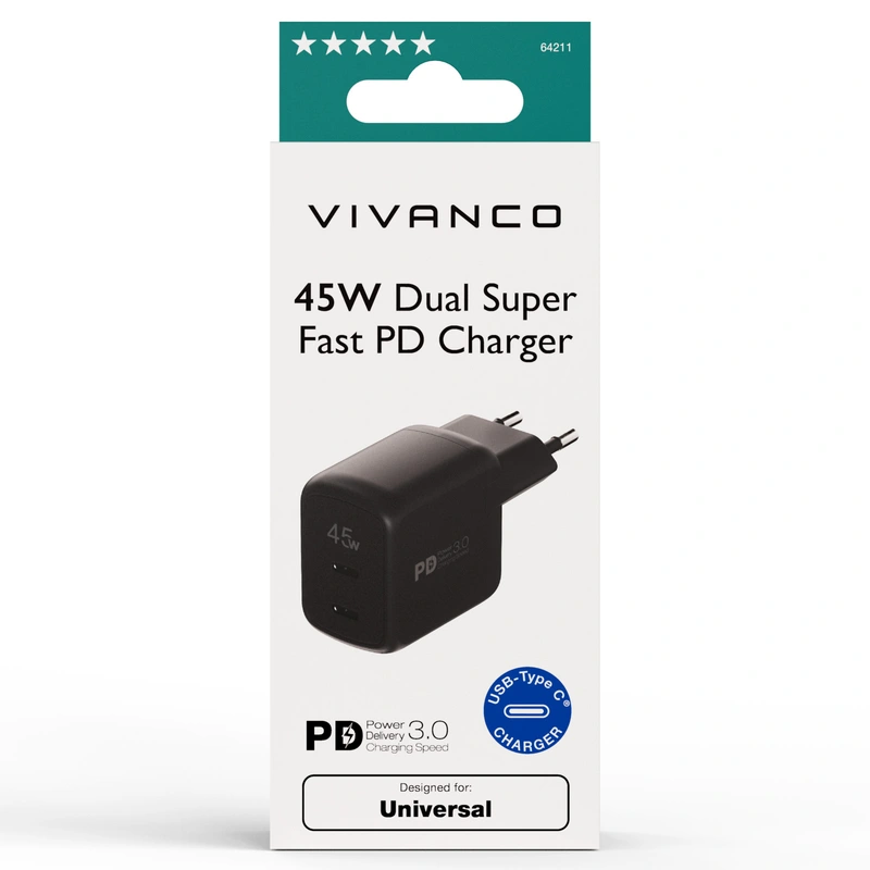 Vivanco Super Fast 45W Dual Home Charger Black - 2864211