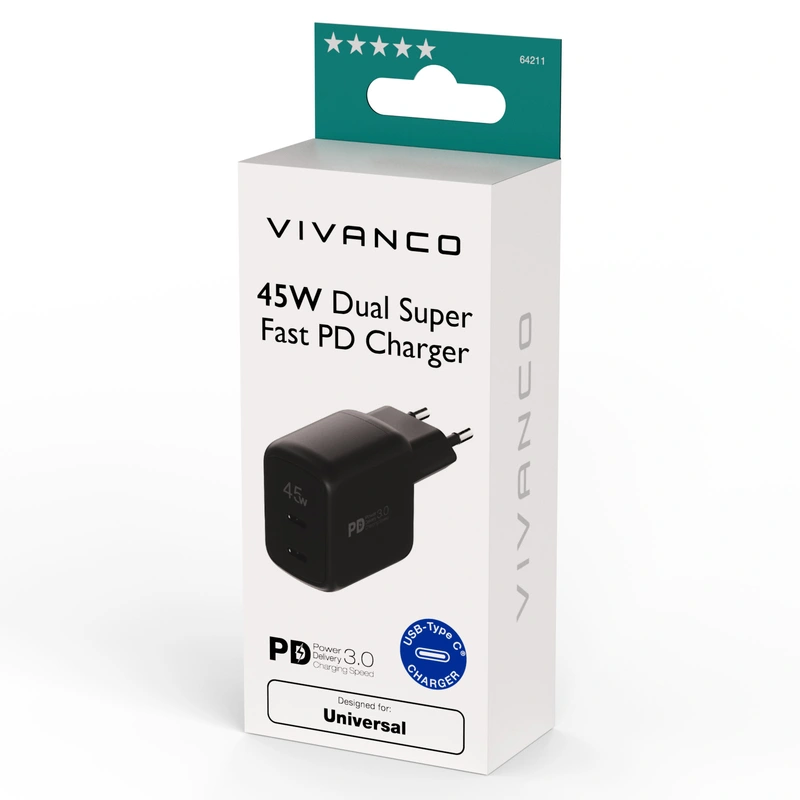Vivanco Super Fast 45W Dual Home Charger Black - 2864211