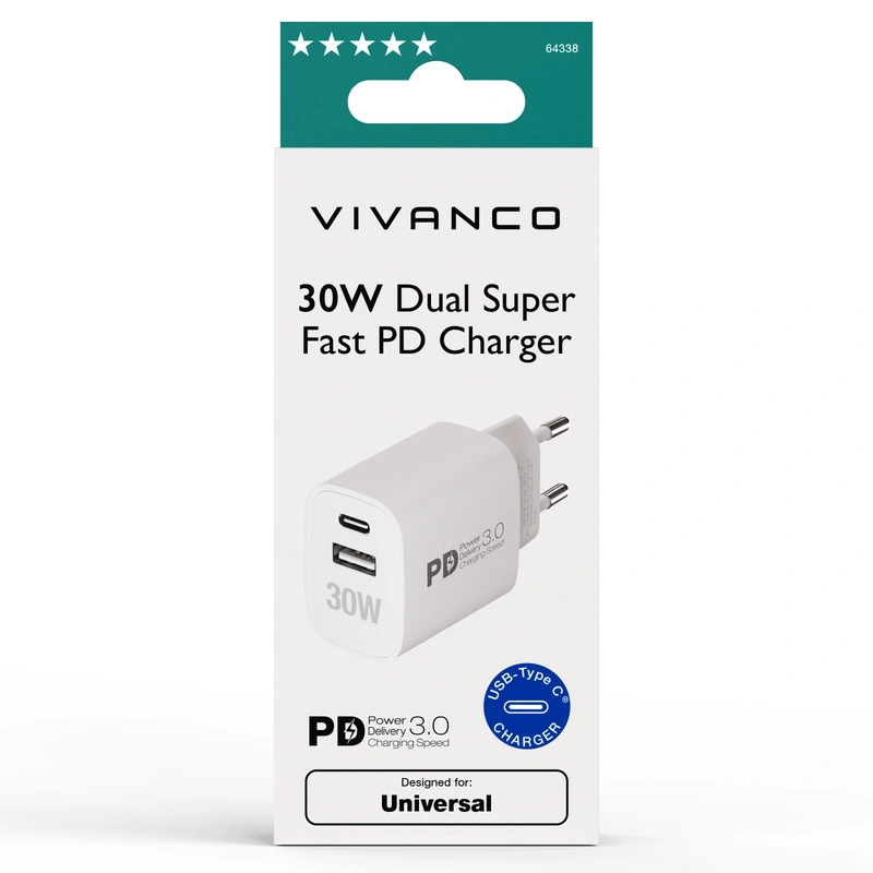 Vivanco Fast GaN 30W 1xUSB-C PD/ USB-A Home Charger White - 2864338