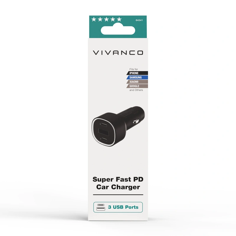Vivanco Super Fast 60W Car Charger 2xUSB-C 30W/1xUSB-A 18W - 2864341