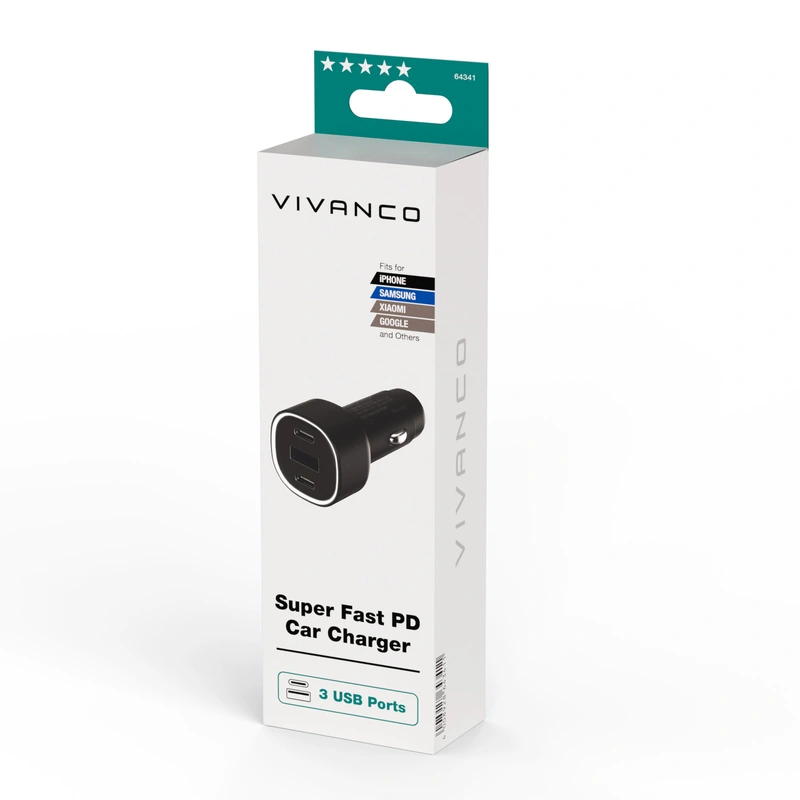 Vivanco Super Fast 60W Car Charger 2xUSB-C 30W/1xUSB-A 18W - 2864341